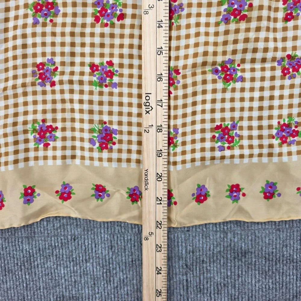 Vintage Glentex Silk Blend Gingham Floral Square Scarf Hand Rolled Japan Tan